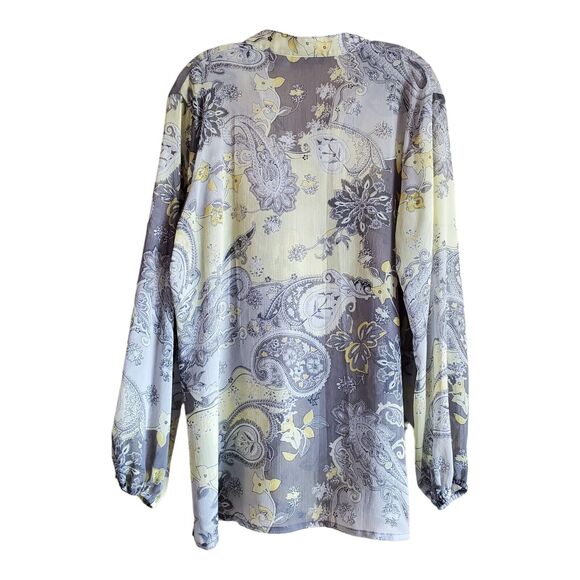 SUSAN GRAVER Women's L Tunic Blouse Semi Sheer Yellow Gray Pintuck Pleats 44" - Picture 7 of 7